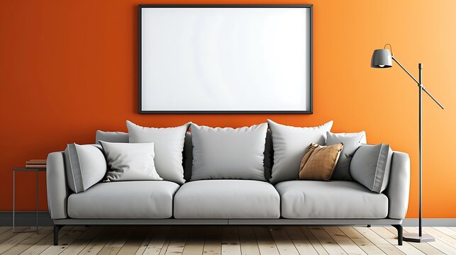 Cozy living room with a burnt orange wall, blank frame above a minimalist gray sofa. Bold and bright design. - Powered by Adobe