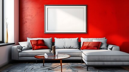 Cozy living room with a cherry red wall, blank frame above a minimalist gray sectional. Bold and bright decor.