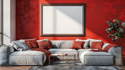 Cozy living room with a cherry red wall, blank frame above a minimalist gray sectional. Bold and bright decor.