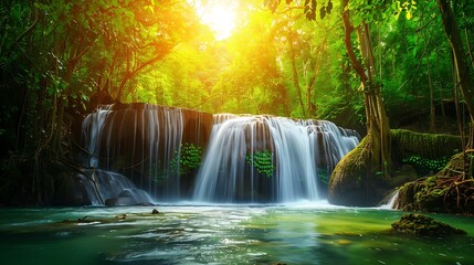 Obraz premium beautiful waterfall in green forest in jungle at phu tub berk mountain