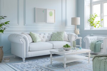 Cozy living room with pale blue walls, white furniture, and pastel green accents. Bright, inviting, and modern.