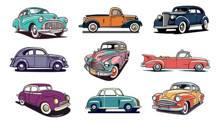 Set of old vintage car. Colorful vintage automobiles. Classic timeless vehicles. Vector cartoon style hand drawn illustrations isolated on transparent background.