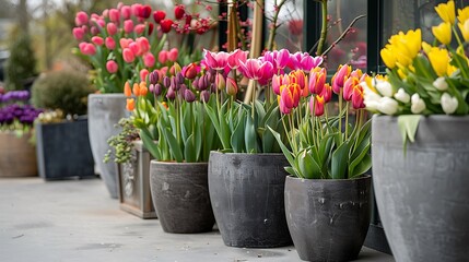 Colorful tulip flowers in large beautiful pots