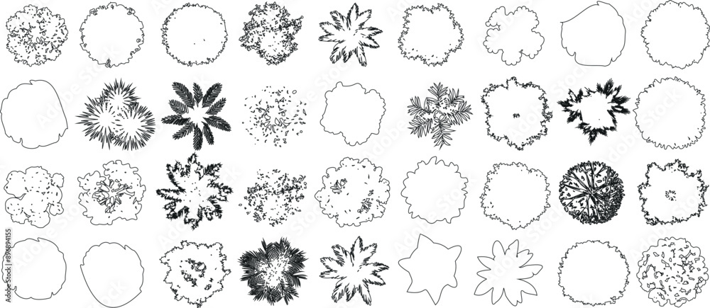 Wall mural tree top view outline collection, diverse foliage patterns, ideal for architectural plans, landscape