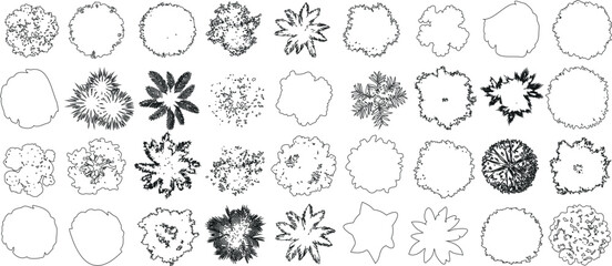 Tree top view outline collection, diverse foliage patterns, ideal for architectural plans, landscape designs, urban planning botanical illustrations, and garden 