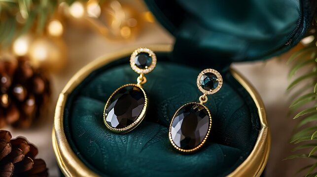 Elegant black onyx gold earrings in jewel box on green background