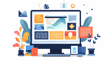 Office laptop, computer, pc, diversity and business people reading online report, website design feedback or research project. Collaboration, staff mentor and team designer working illustration.;