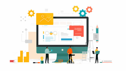 Office laptop, computer, pc, diversity and business people reading online report, website design feedback or research project. Collaboration, staff mentor and team designer working illustration.;