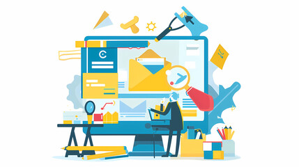 Office laptop, computer, pc, diversity and business people reading online report, website design feedback or research project. Collaboration, staff mentor and team designer working illustration.;