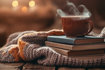 A photo of a steaming cup of hot coffee with a background featuring a knitted scarf and a stack of books, all arranged on a wooden table.