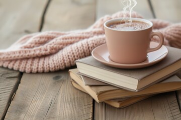 A photo of a steaming cup of hot coffee with a background featuring a knitted scarf and a stack of books, all arranged on a wooden table.