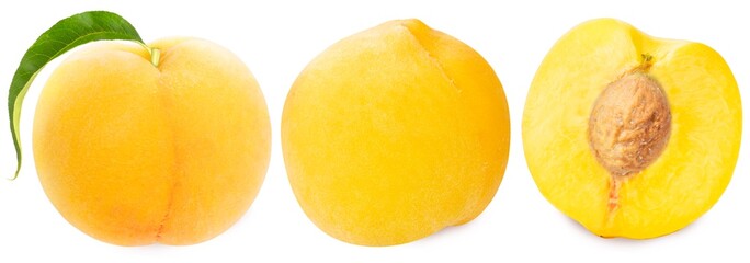Pink Peach on White With clipping path,Whole fresh Peach cut into halves Peach fruit isolated on white background.