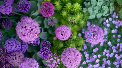 Flowerbed with purple allium flowers and butterflies view from above