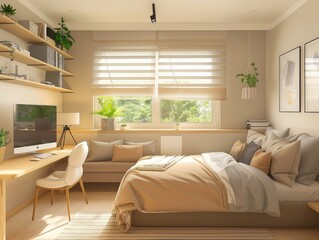 Fototapeta premium A small bedroom with a bed, desk, and chair