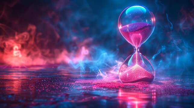 A large, futuristic hourglass with a metallic frame in neon light background