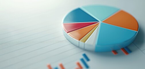 A clean 3D model of a pie chart with several segments, each representing different business sectors, on a simple surface