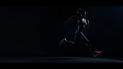 Silhouette of athletic woman running in dark background, highlighting fitness, determination, and motion in a dynamic sports scene.
