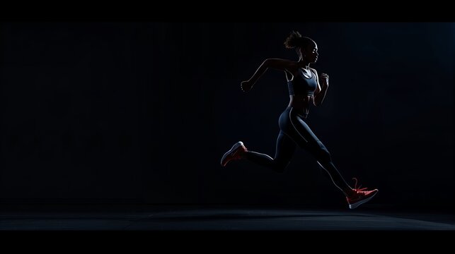 Silhouette of athletic woman running in dark background, highlighting fitness, determination, and motion in a dynamic sports scene. - Powered by Adobe