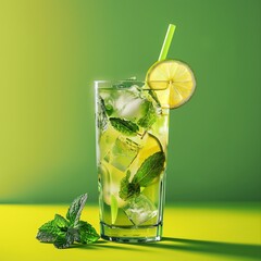 Refreshing Mojito cocktail in a tall glass with lime slice, mint leaves, and ice, against a vibrant green background.