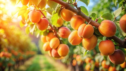 Closeup shot of ripe apricots on trees in a sunny orchard during summer harvest time, apricot, tree, fruit, ripe, orchard