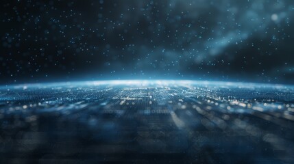 A digital rendering of Earth from space, with a blue and white color scheme and a focus on the horizon