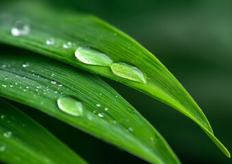 Naklejka premium Close-Up of Dew Drops on Green Leaves - Fresh Morning Nature Scene with Vibrant Greenery and Natural Water Droplets