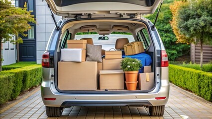 A cluttered, open trunk of a car filled with cardboard boxes, luggage, and personal belongings, ready for a move.