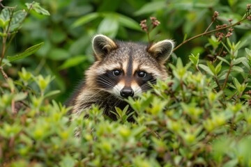 Wild raccoon with a distinctive mask peeks out from lush foliage