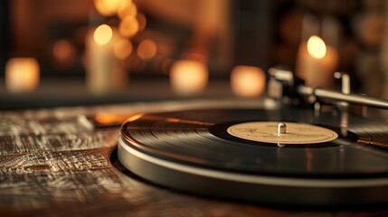 Fototapeta premium A vintage record player spins a vinyl record, creating a warm and inviting atmosphere. Candles and a fireplace glow in the background.