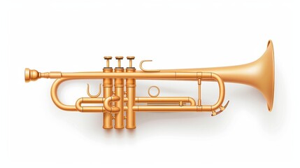 Naklejka premium Shiny gold trumpet stands alone on a pure white backdrop, showcasing its elegance and craftsmanship through vivid detail.