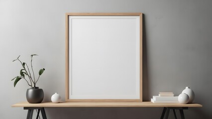 Mock up blank white poster frame close up stock photo. Photo frame with vase