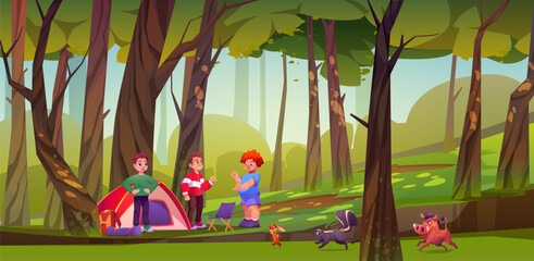 Kid in forest camp tent with animal and friends cartoon adventure illustration. Outdoor summer activity for boy group with running bunny, wild hog and skunk. Children discussion wildlife layout