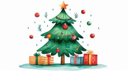 Naklejka premium A festive watercolor Christmas tree adorned with garlands, ornaments, and gifts for a cheerful holiday illustration.
