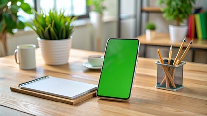 Blank smartphone displaying green screen placed on wooden table surrounded by office supplies in a modern workspace setting.