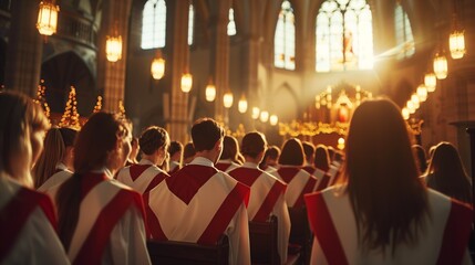 A choir dressed in red and white robes singing during a religious service in a beautifully lit historic church.