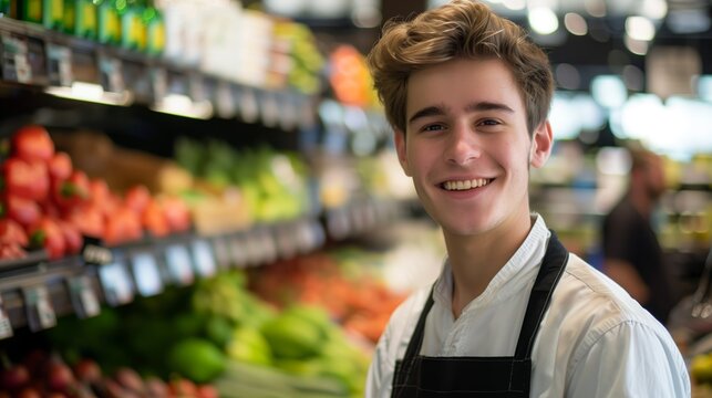Young male grocery store employee smiling while standing in the fresh produce section with colorful vegetables.
