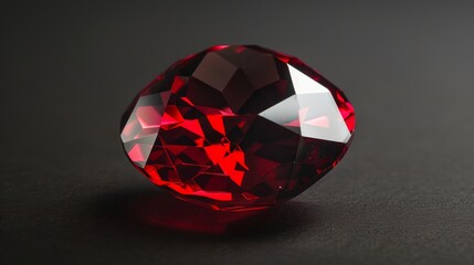 CloseUp Photograph of a Single Polished Garnet Highlighting its Intricate Facets and Rich Red Color Against a Dark Background