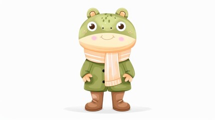 A charming frog character dressed in a cozy scarf and winter boots, illustrated in soft watercolors on a clean white backdrop.