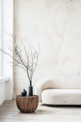 Minimalist interior design composition with Japanese or oriental minimal elements and ample copy space. Residential Real Estate interiors with minimal decor and furniture