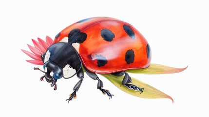 Obraz premium Vivid watercolor art of a ladybug perched on a flower, showcasing natures beauty on a clean white backdrop.