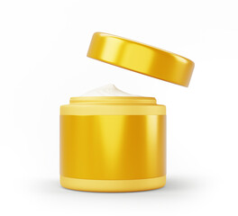 3d gold jar with cream isolated render icon front view. Premium cosmetic plastic container mockup, golden packaging with white skin care product, open lid and blank space for branding. 3D illustration
