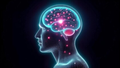 head with brain, Neural Network Visualization: A Holographic Human Head with an Active Brain