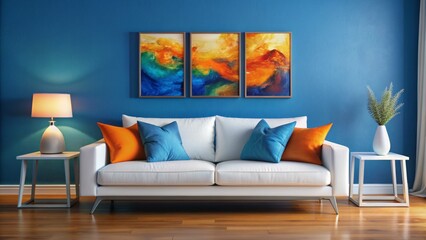 A sleek white couch adorned with vibrant blue and orange pillows sits against a calming blue wall featuring abstract artwork.