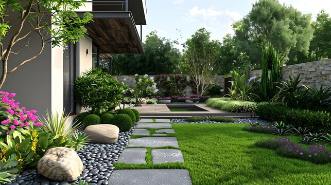 Landscaping in green home garden landscape design with plants and flowers at residential house