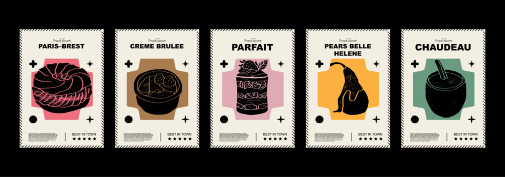 French Paris-brest, creme brulee, parfait, pears belle Helene, chaudeau. Price tag or poster design. Set of vector illustrations. Typography. Engraving style. Labels, cover, t-shirt print, painting.	