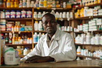 Portrait of a professional african pharmacist with a variety of medications in the background