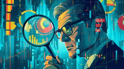 Obraz premium Strategic Planning in Business - Businessman Analyzing Vibrant Data Visualizations with Magnifying Glass in 2D Flat Illustration