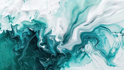  Teal and White Swirls in Fluid Acrylic Painting. Abstract Organic Shapes and Fluid Lines on White Background. Dynamic and Artistic Expression of Color and Movement.