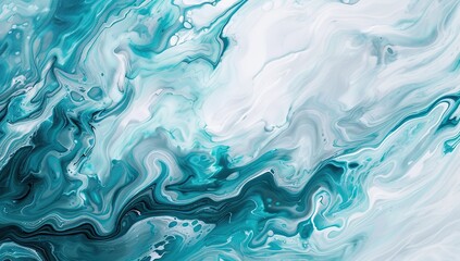  Teal and White Swirls in Fluid Acrylic Painting. Abstract Organic Shapes and Fluid Lines on White Background. Dynamic and Artistic Expression of Color and Movement.