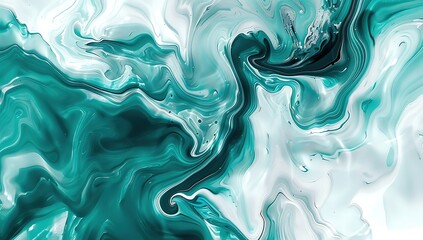 Obraz premium Teal and White Swirls in Fluid Acrylic Painting. Abstract Organic Shapes and Fluid Lines on White Background. Dynamic and Artistic Expression of Color and Movement.